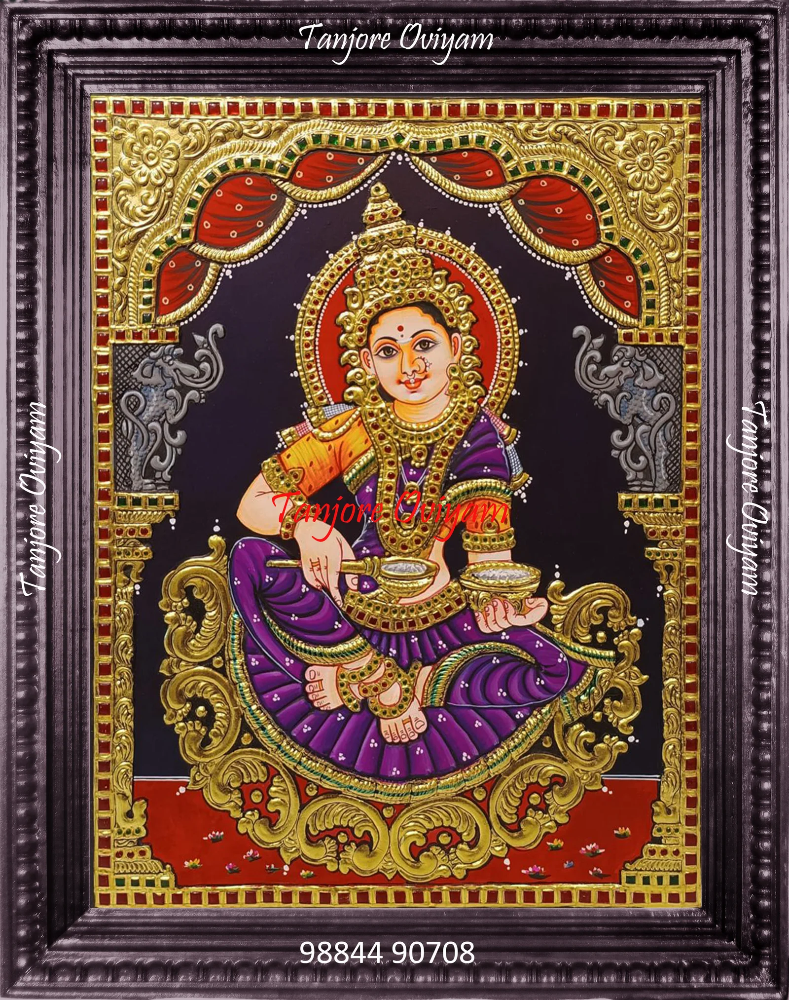 Annapoorani Goddess Tanjore painting seated purple saree ladle vessel gold pedestal artwork